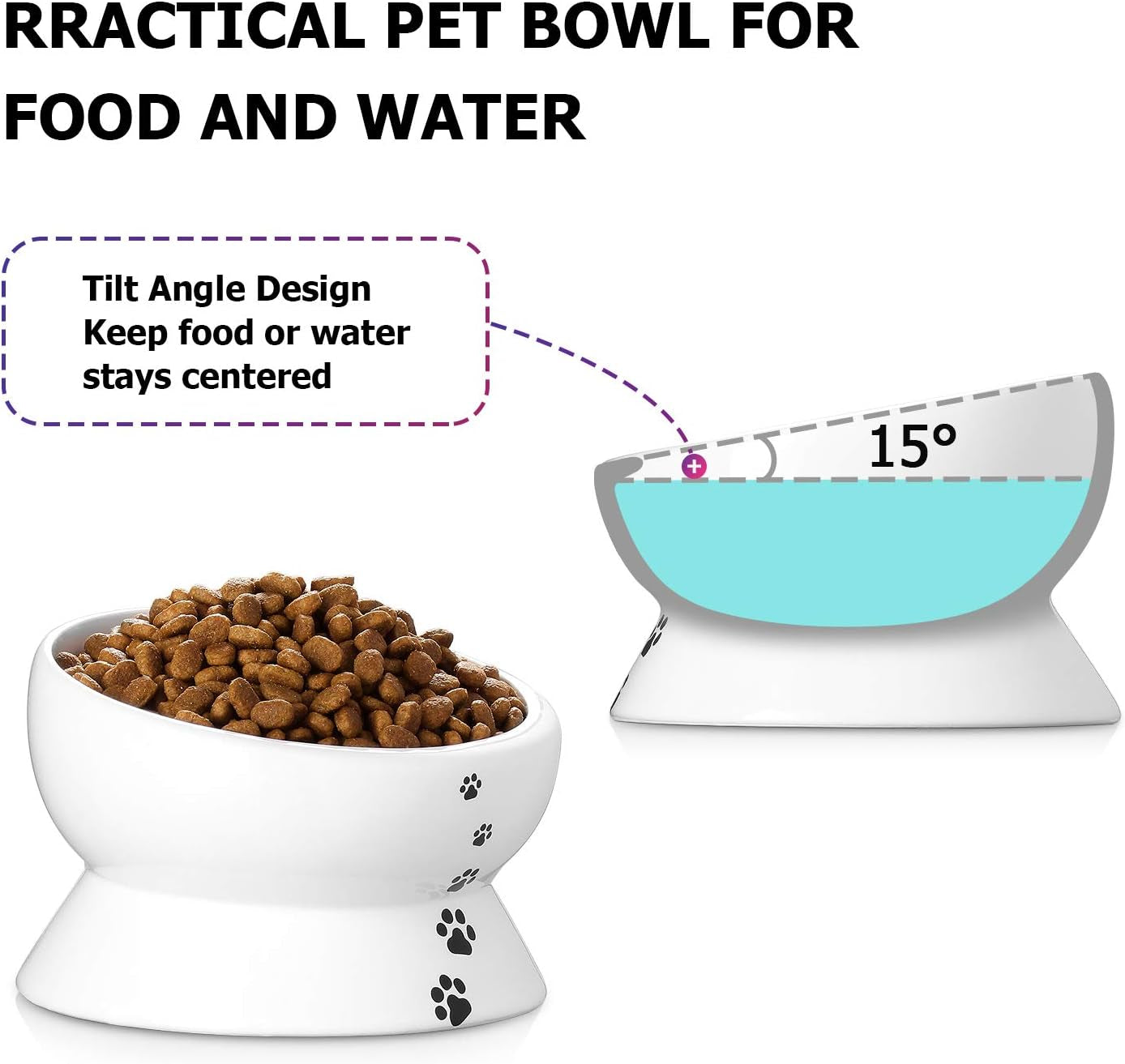 Elevated Cat Food Bowl, Raised Pet Food and Water Bowl for Cat and Small Dog, Tilted Ceramic Water Bowl No Spill,15Oz, Dishwasher Safe